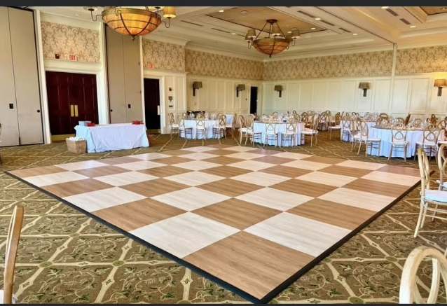 Natural oak checkered dance floor in a country club ballroom